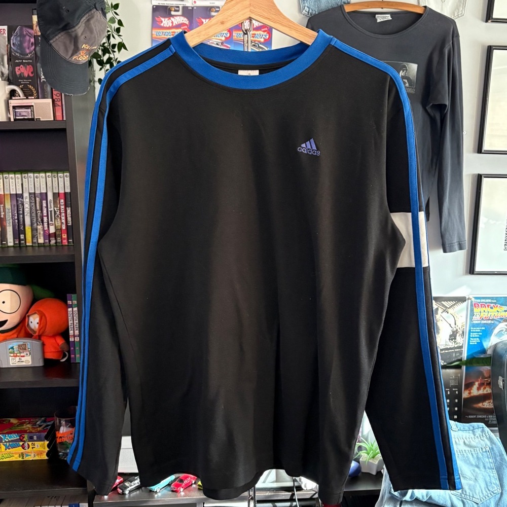 Vtg 90s Adidas Mens Long Sleeve Training Shirt Black Blue Stripes Crew Neck L